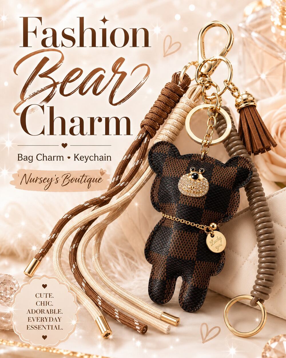 Brown Checkered Teddy Bear Bag Charm Keychain Rhinestone Cord Tassel